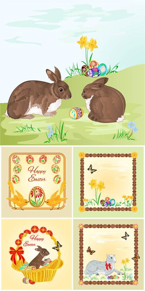 Easter vector basket with Easter eggs and rabbit