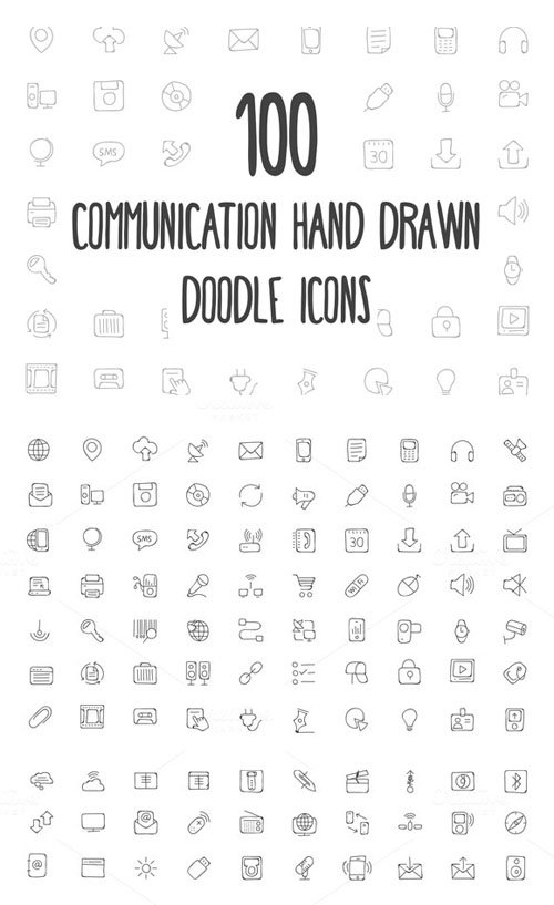 100 Communication Hand Drawn Icons - Creativemarket 160699