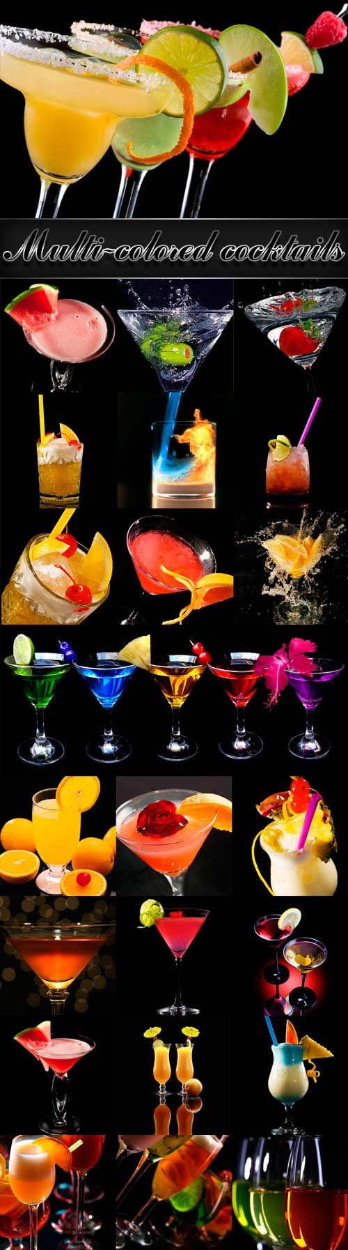 Multi-colored cocktails on a dark background