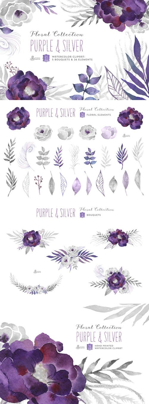 Purple & Silver floral collection - Creativemarket 265479