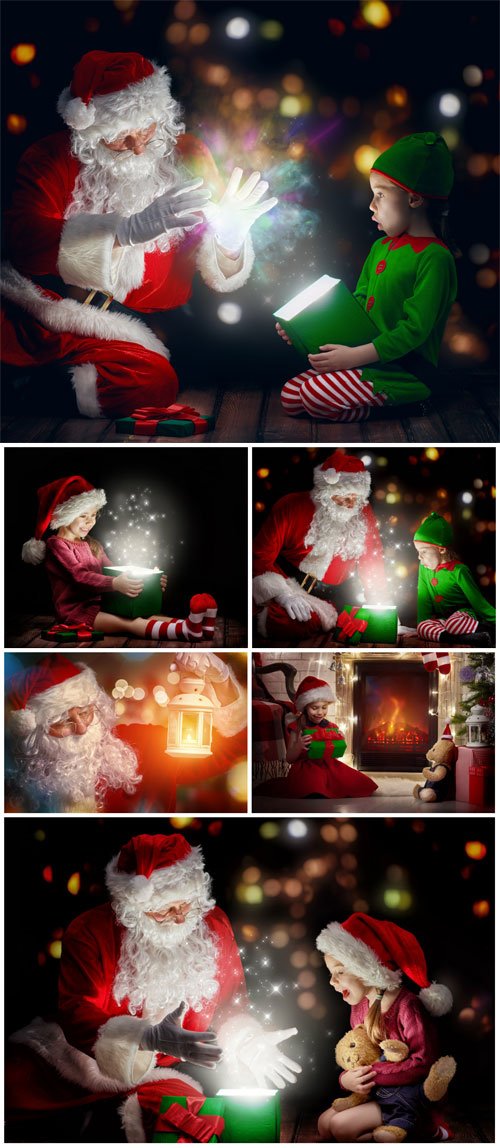 Santa Claus with small children, Christmas - stock photos