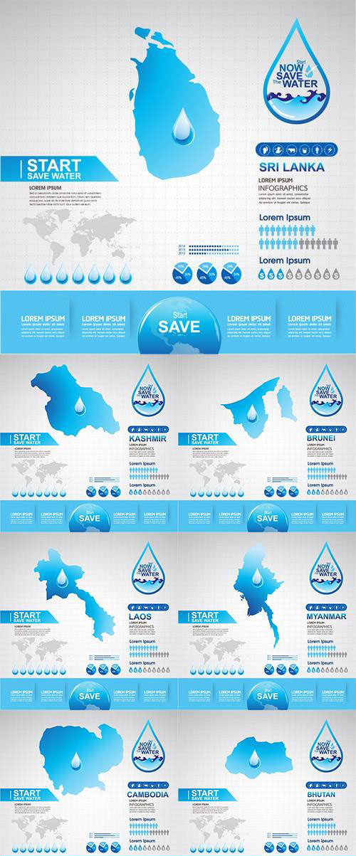 Vector set - Save Water Asia Country
