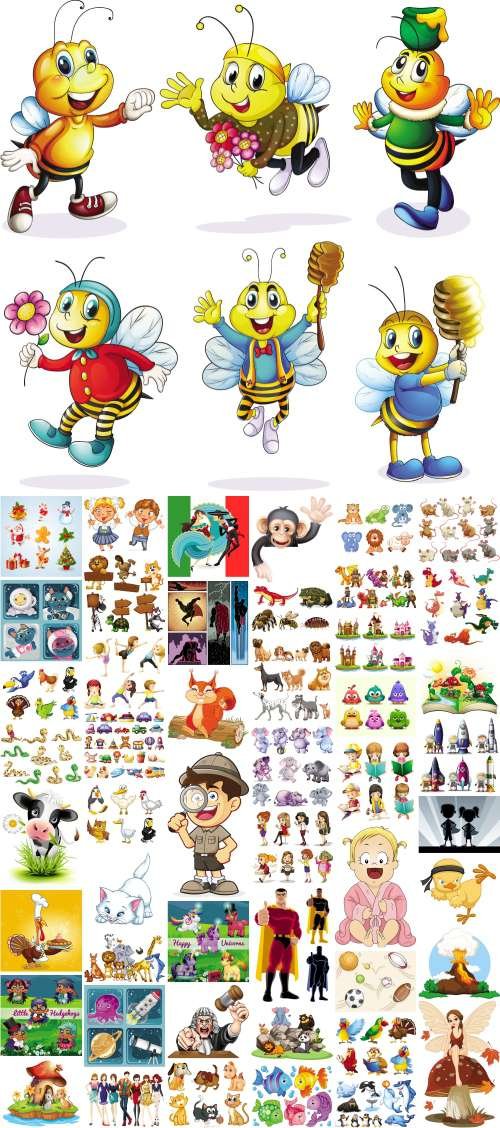 Mix cartoon Illustration: people, animals, birds, insects, toys, bees, space objects - 50x EPS