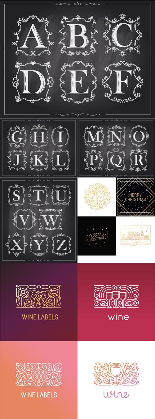Vector Blackboard chalk vintage calligraphic letters in monogram and christmas, wine logos