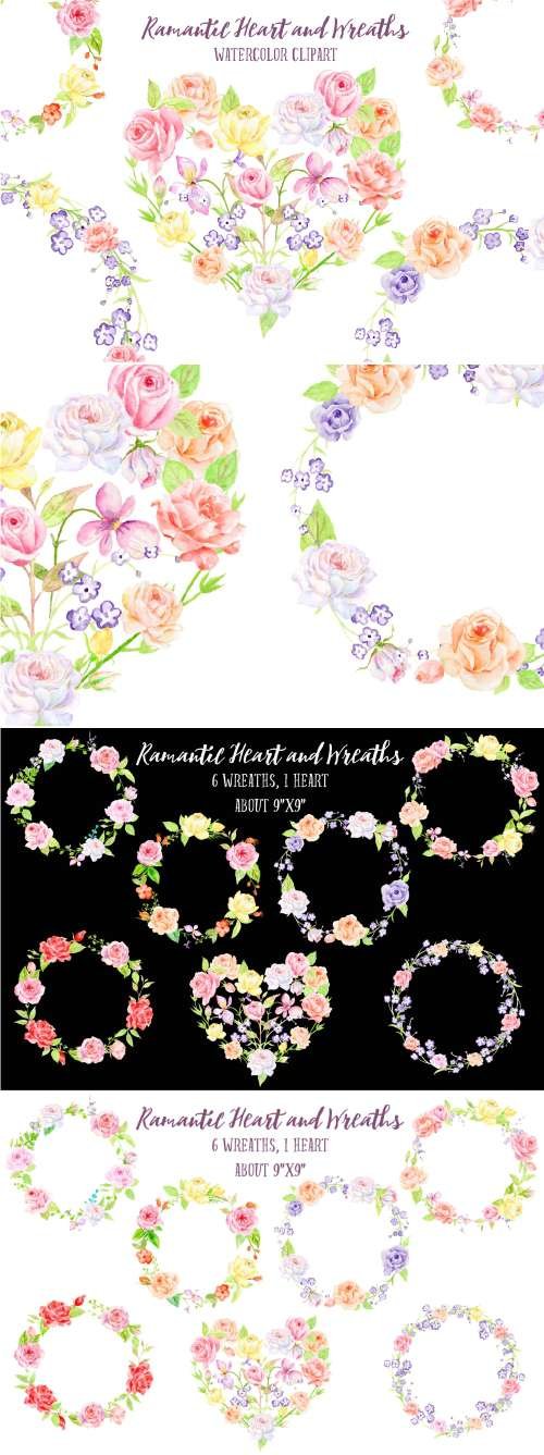 Watercolor Rose Wreath and Heart 492268