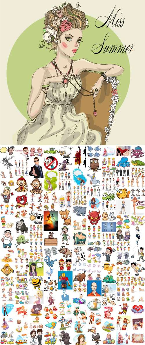 Mix cartoon Illustration: people, men, girls, kids, children, animals, birds, insects, sports - 148 EPS