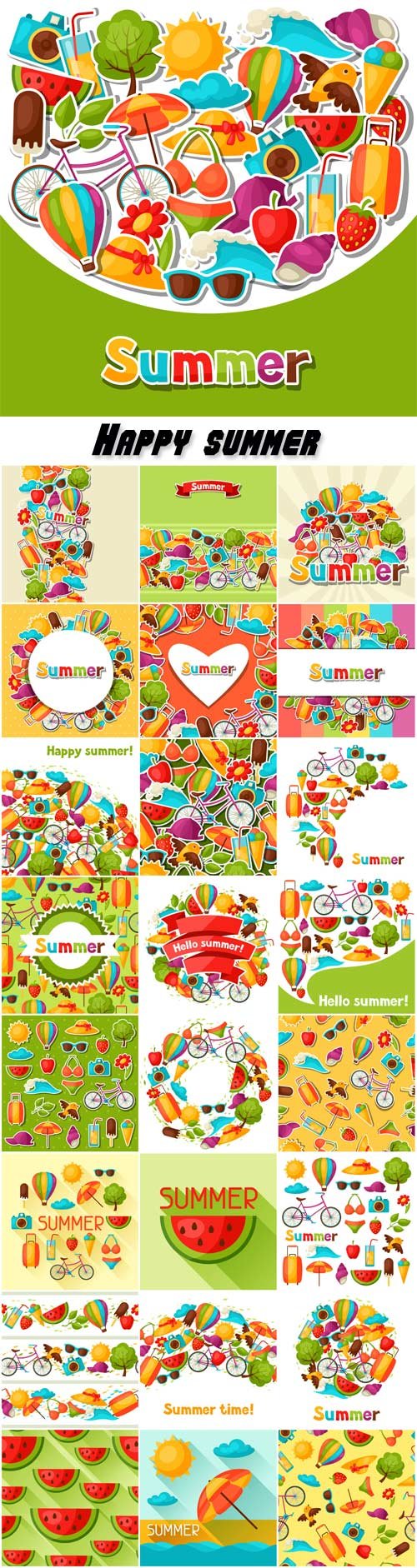 Background with stylized summer objects, design for cards, covers, brochures