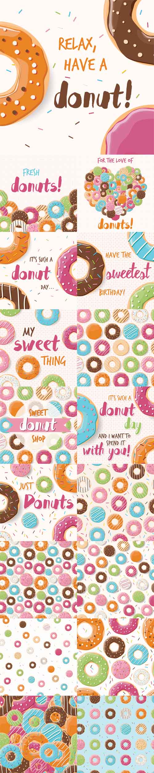 Vector  Posters and Patterns Design with Colorful Glossy Tasty Donuts