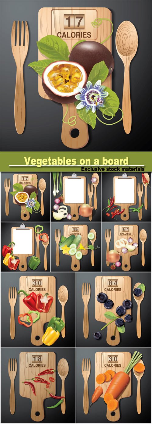 Vegetables on a wooden board, vector backgrounds
