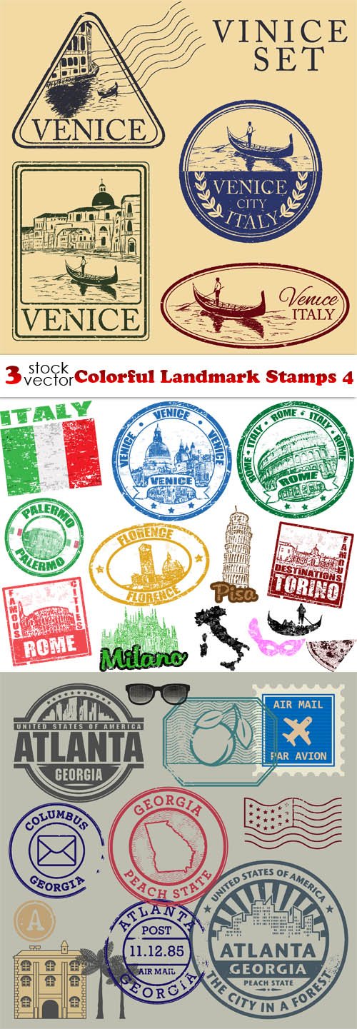 Vectors - Colorful Landmark Stamps 4