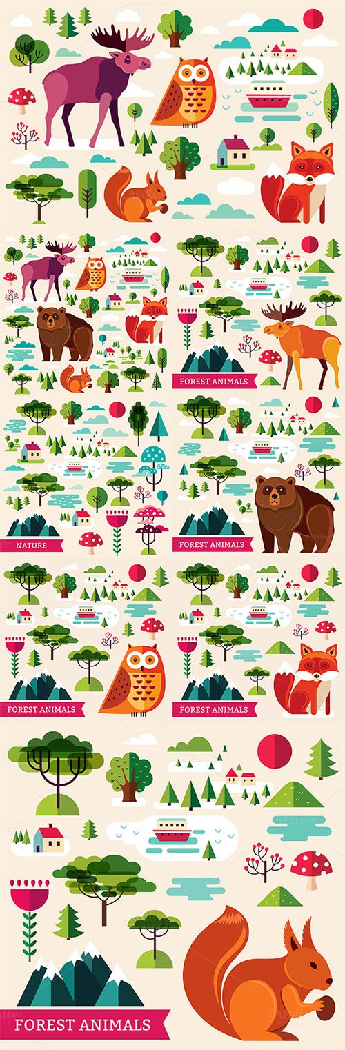 Set with forest animals and nature - Creativemarket 535873