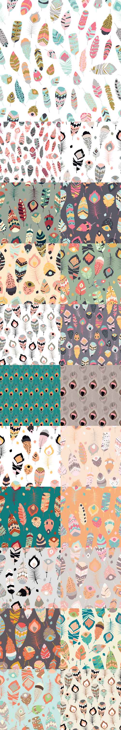 Vector  Seamless Pattern with Boho Vintage Tribal Ethnic Colorful Vibrant Feathers