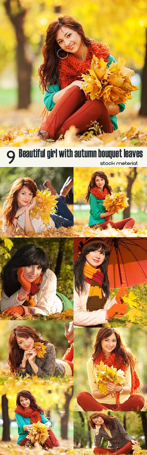 Beautiful girl with autumn bouquet leaves