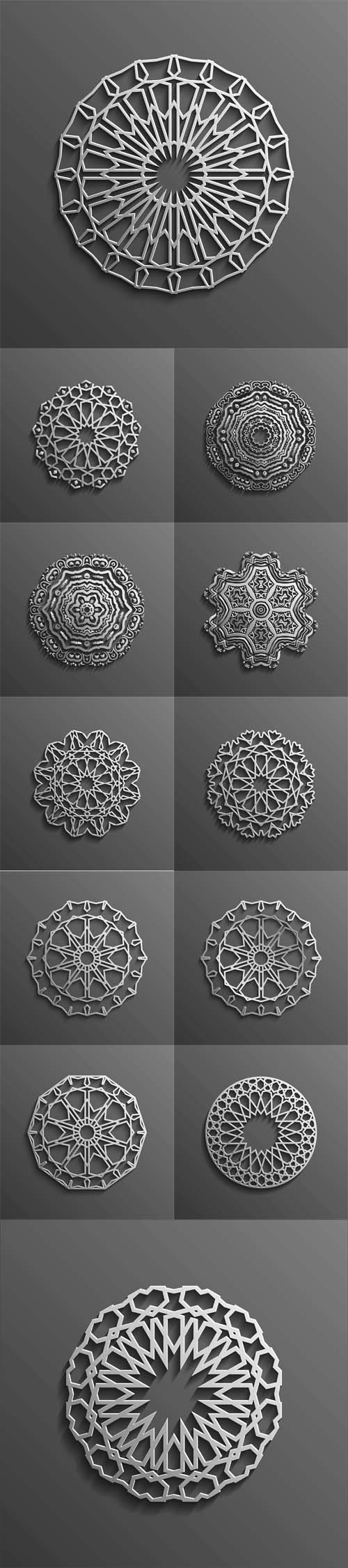 Vector Islamic 3d on dark mandala round ornament background architectural muslim texture design