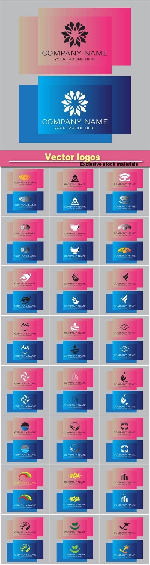 Vector business logos on the pink and blue backgrounds