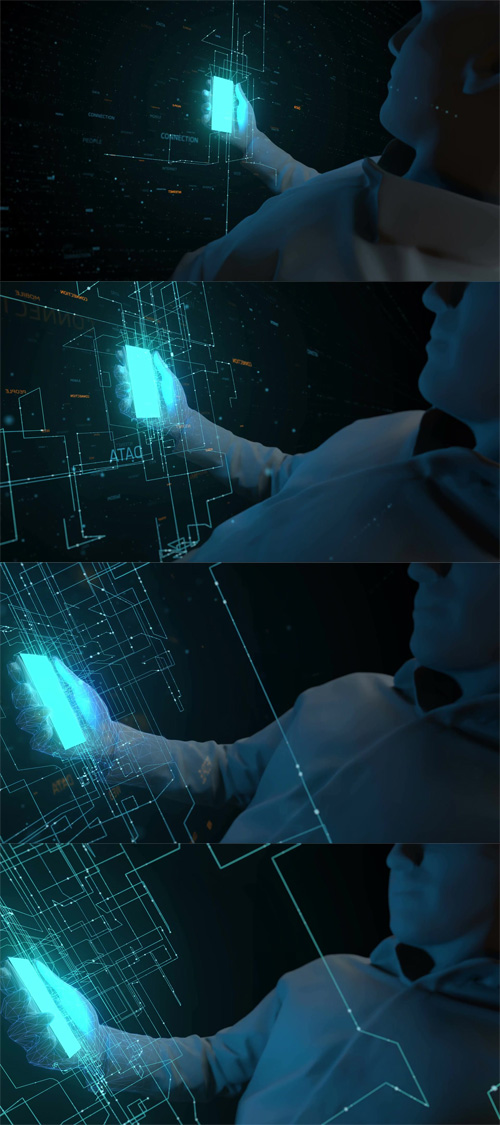 3d rendering technology sequence. Man holding a gadget in hand
