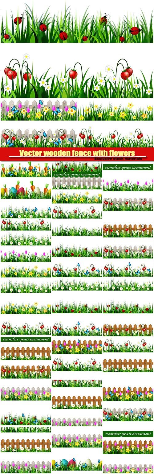 Vector wooden fence with flowers pink tulips and yellow daffodils borders seamless