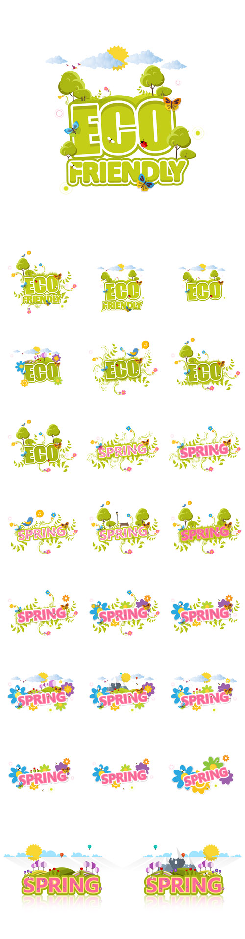 Vector Creative Eco and Spring Labels with Flowers and Green Bush