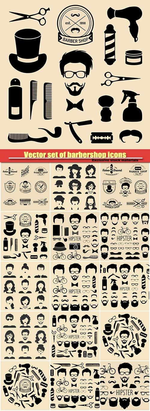 Vector set of barbershop icons with hipster face in flat style, hairdressing salon elements collection