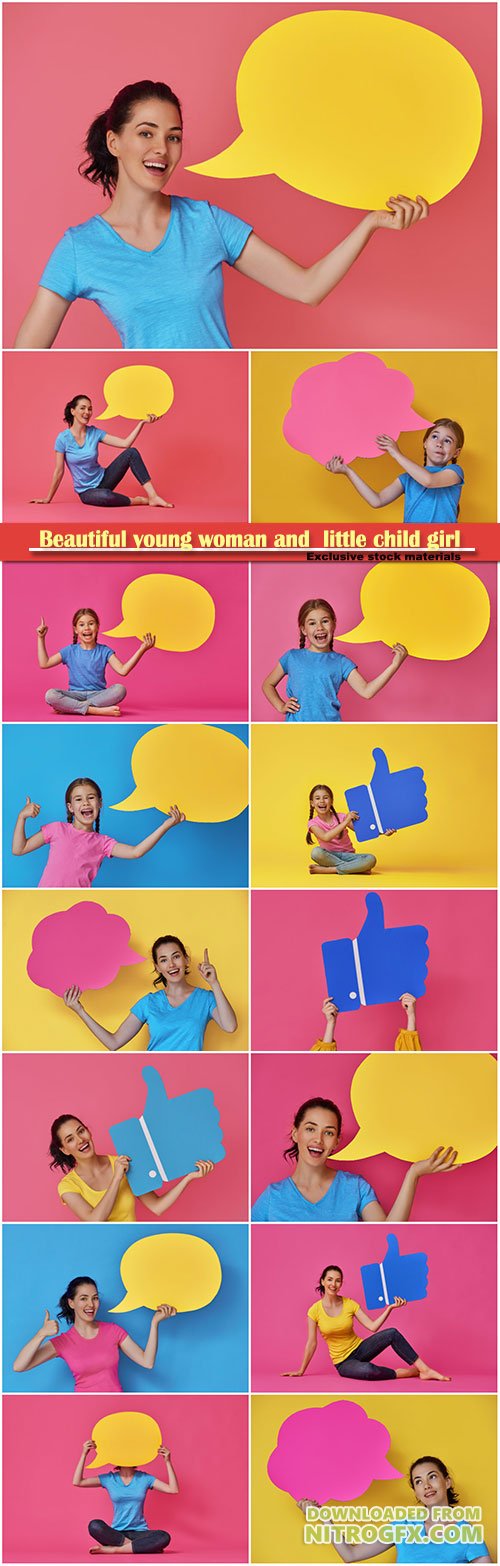 Beautiful young woman and  little child girl with cartoon speech on colorful background