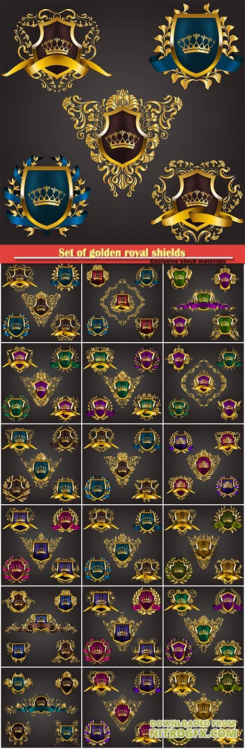 Set of golden royal shields with vector floral elements, ribbons, laurel wreaths for page, old frame, border, crown, divider in vintage style for label