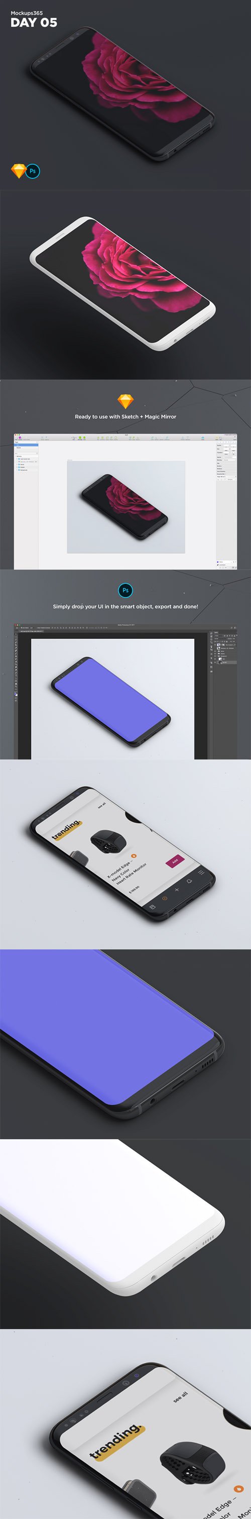 Mockups365: Day 5 - Samsung S8 perspective mockup for Sketch & Photoshop 4K
