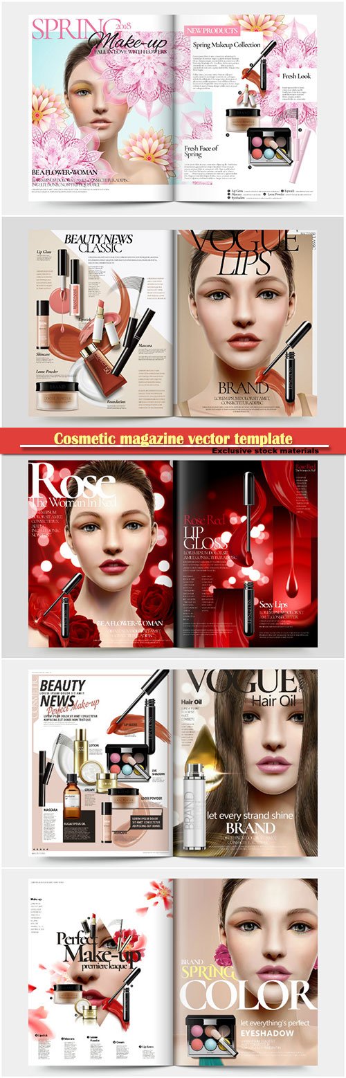 Cosmetic magazine vector template, attractive model with product containers in 3d illustration # 5