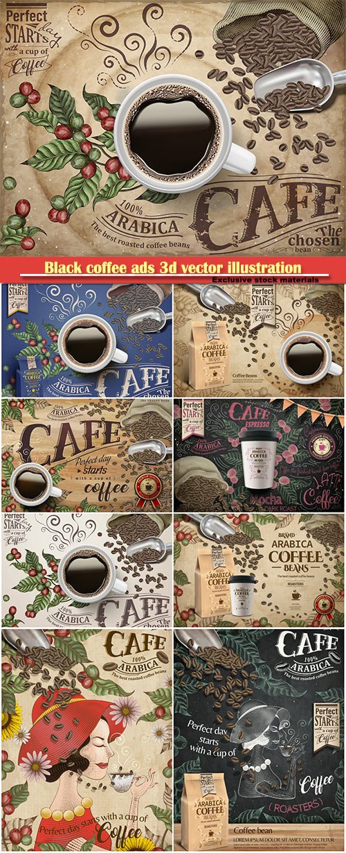 Black coffee ads 3d vector illustration, coffee beans and plants in engraving style