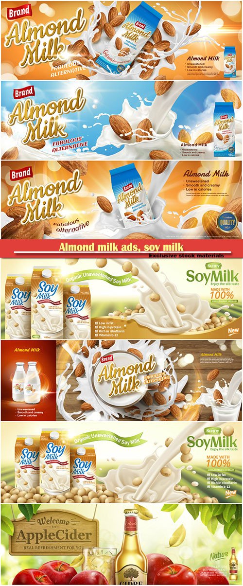 Almond milk ads, soy milk pouring down on beans, splashing milk in 3d illustration