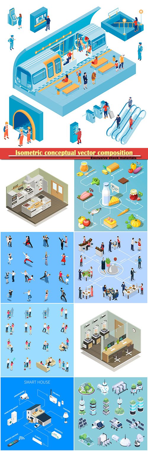 Isometric conceptual vector composition, infographics template, horizontal banners set # 6