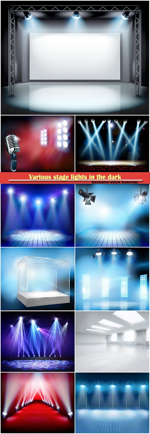 Various stage lights in the dark, vector spotlight on stage