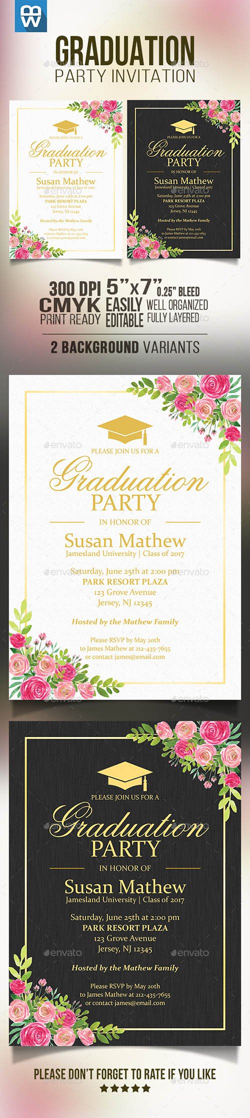 GraphicRiver - Floral Graduation Party Invitation 16185389