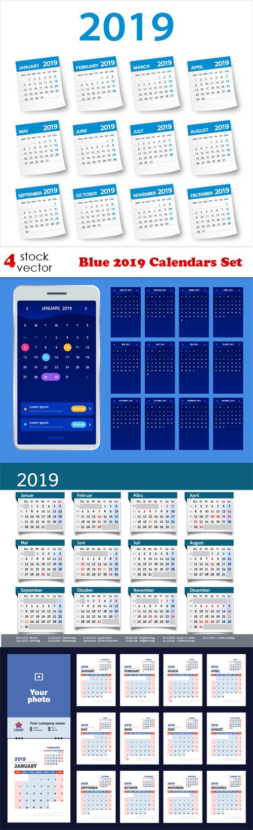 Vectors - Blue 2019 Calendars Set