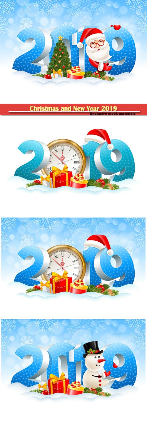 Christmas and New Year 2019 festive design vector illustration, Santa Claus, gifts, spruce branches, christmas toys