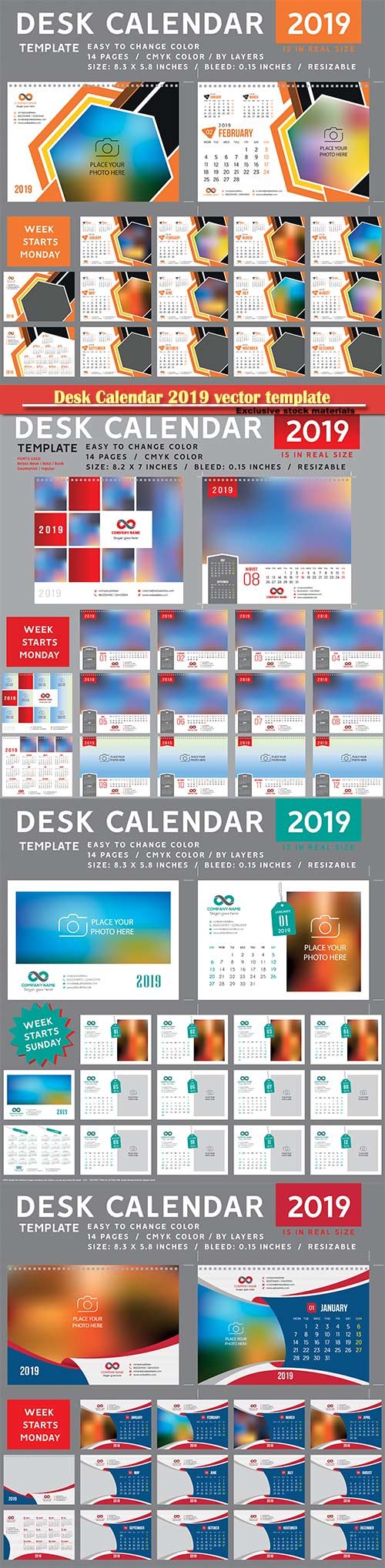 Desk Calendar 2019 vector template, 12 months included # 5