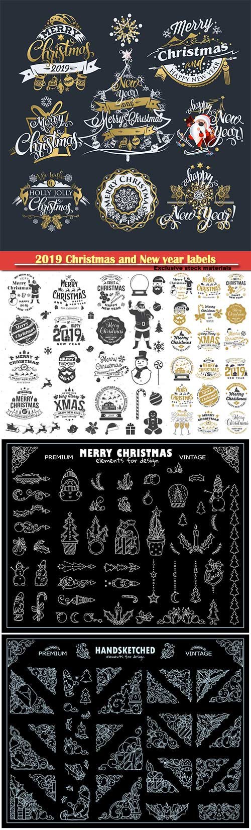 2019 Christmas and New year labels and decoration vector borders