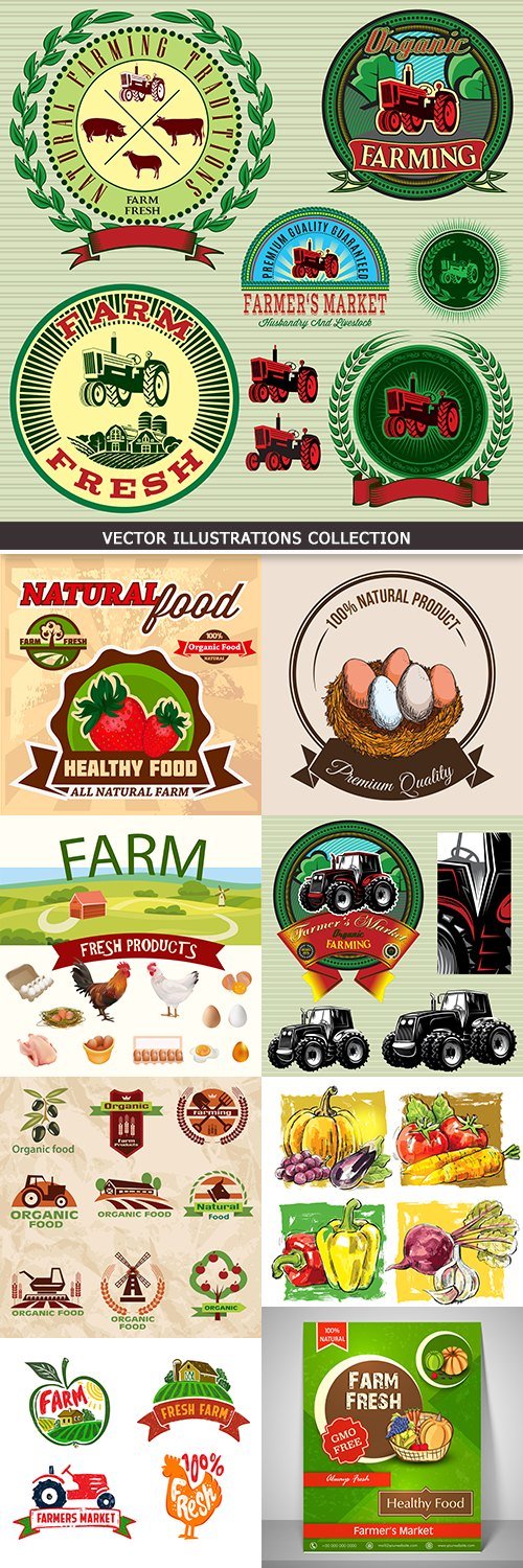 Agricultural farm fresh nature product label collection