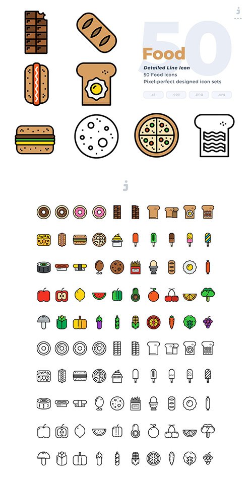 50 Food Icons - Detailed Line Icon