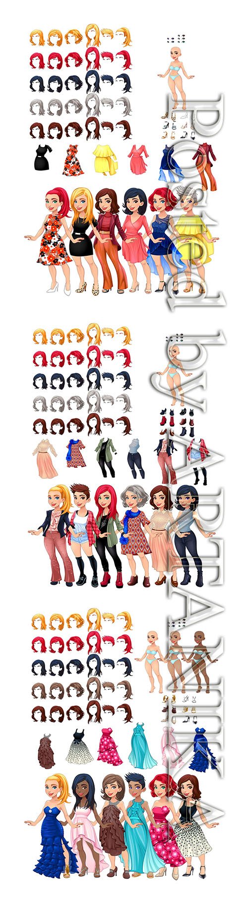 Dresses and hairstyles game with female avatars