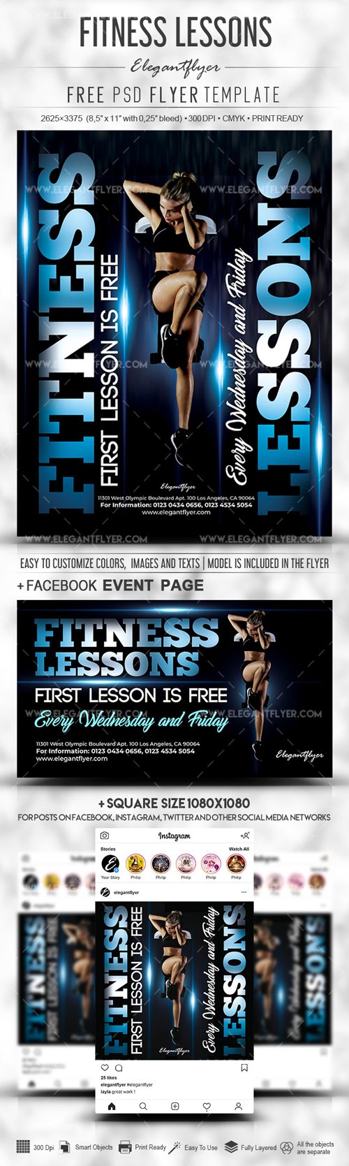 Fitness Lessons – Free PSD Flyer Template + Facebook Cover + Instagram Post