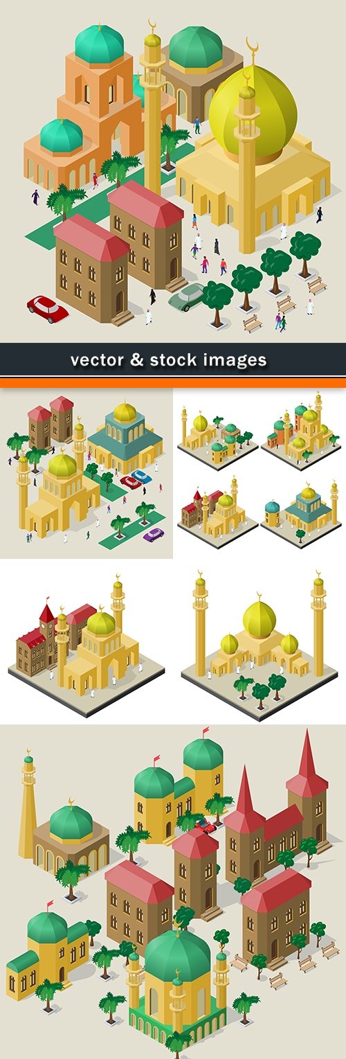 Muslim mosque tower with domes design isometric