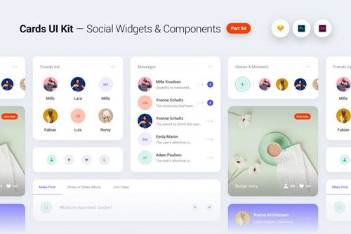 Cards UI Kit - Social Network Widgets Components Part 04 - White