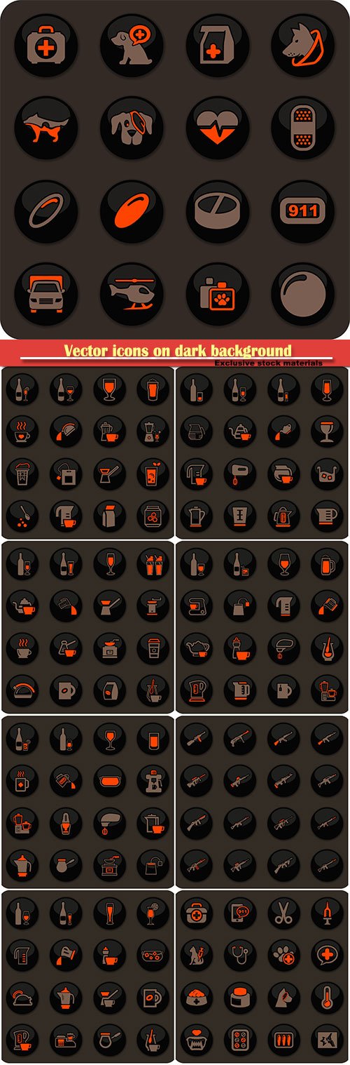 Vector icons on dark background for user interface design