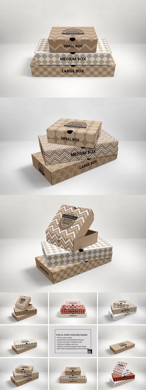 Fish and Chips Stacked Boxes Packaging Mockup