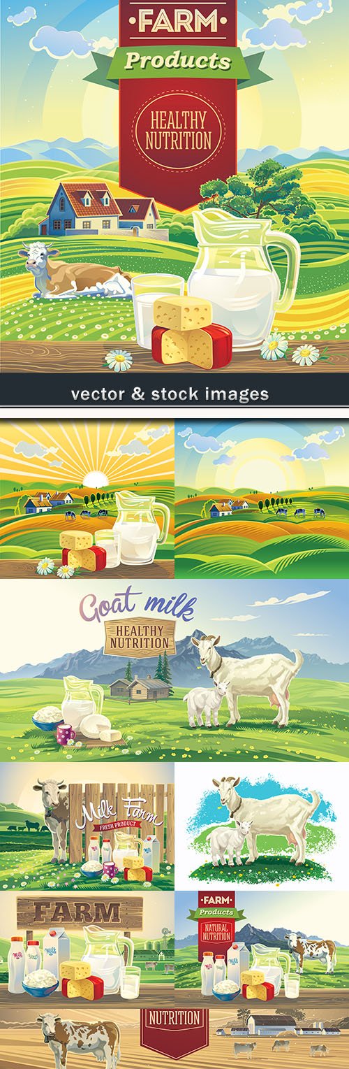 Farm useful milk of goat and cow summer landscape
