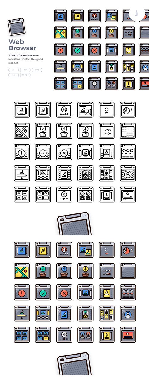30 Web Browser Icon Vector set - Detailed Round line