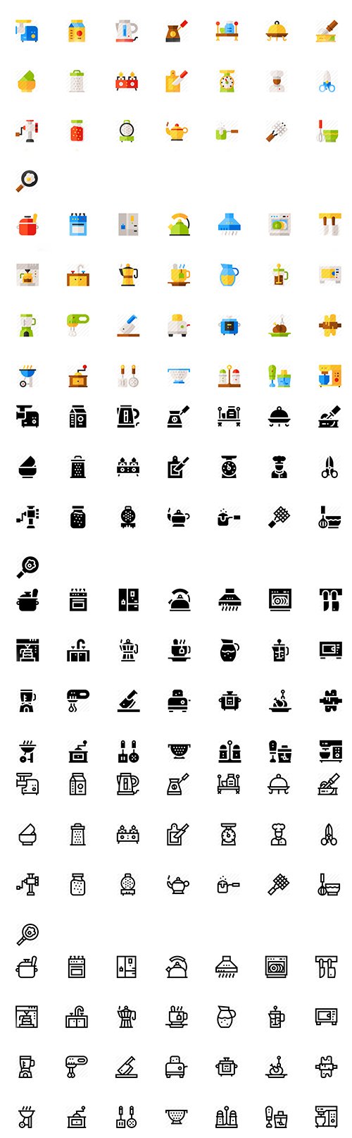 Kitchen Icon Pack 150 icons (Lineal, Flat, Filled)