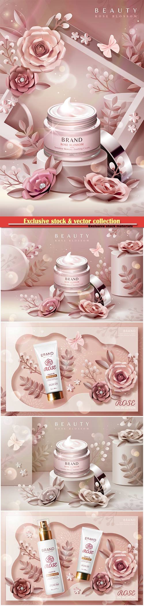 Cream jar ads on podium with paper flowers and frame background in 3d illustration