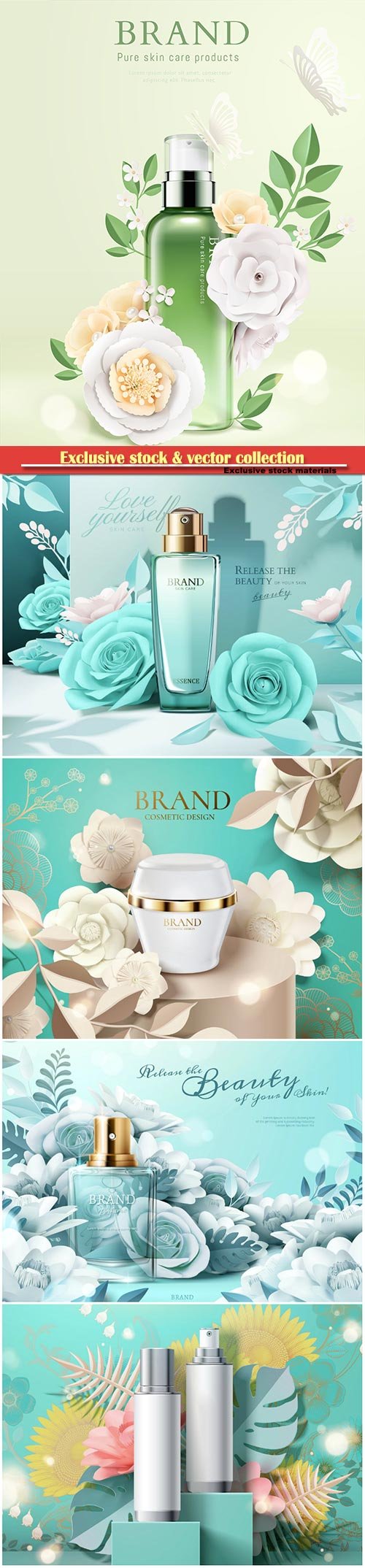 Cosmetic set ads with paper flowers in 3d illustration # 3