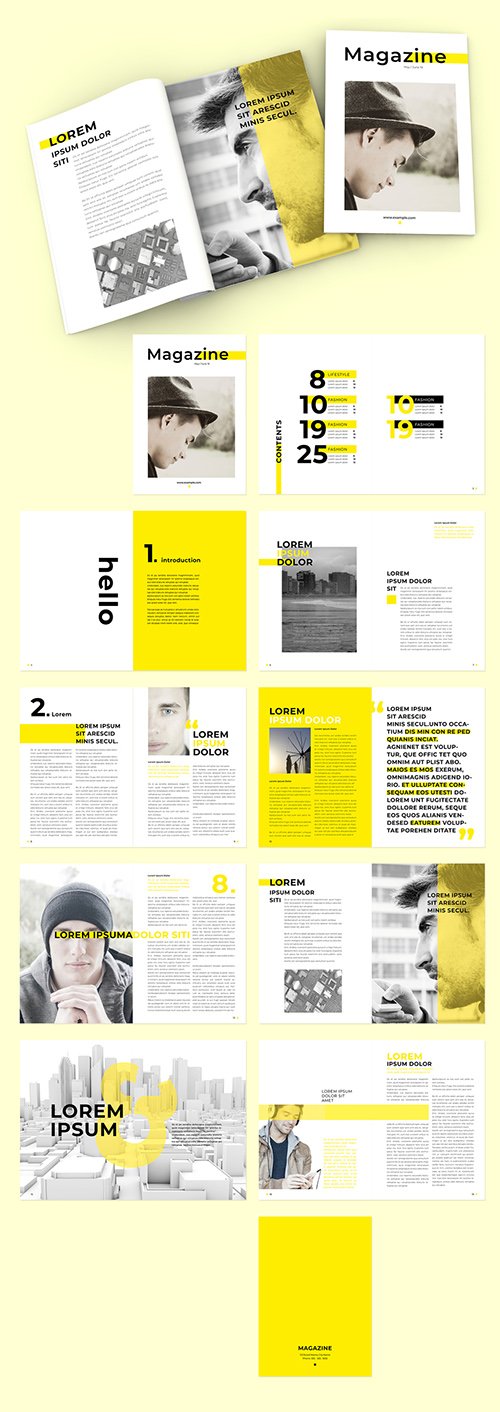 Magazine Layout with Yellow Overlay Elements and Text 292994735 INDT
